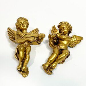 Vintage Gold Gilt Cherub Angel Wall Hangings Set Of 2 Pisa Italy 3" x 5.5"